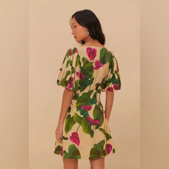 FARM Rio Anthurium Leaves Linen Blend Short-Sleeve Square-Neck Dress sz M NWT - Picture 4 of 4